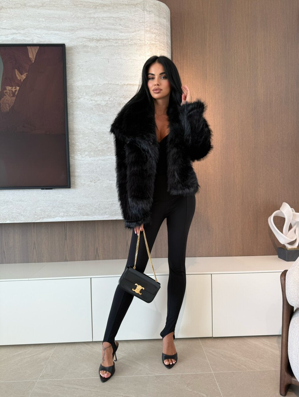 Black Faux Fur Coat with Oversized Collar