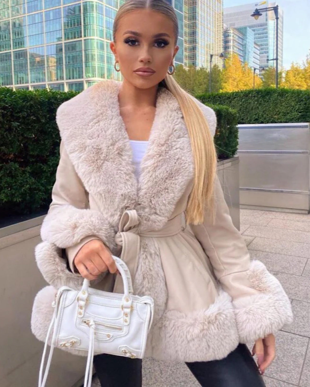Beige Belted Faux Leather/Fur Jacket