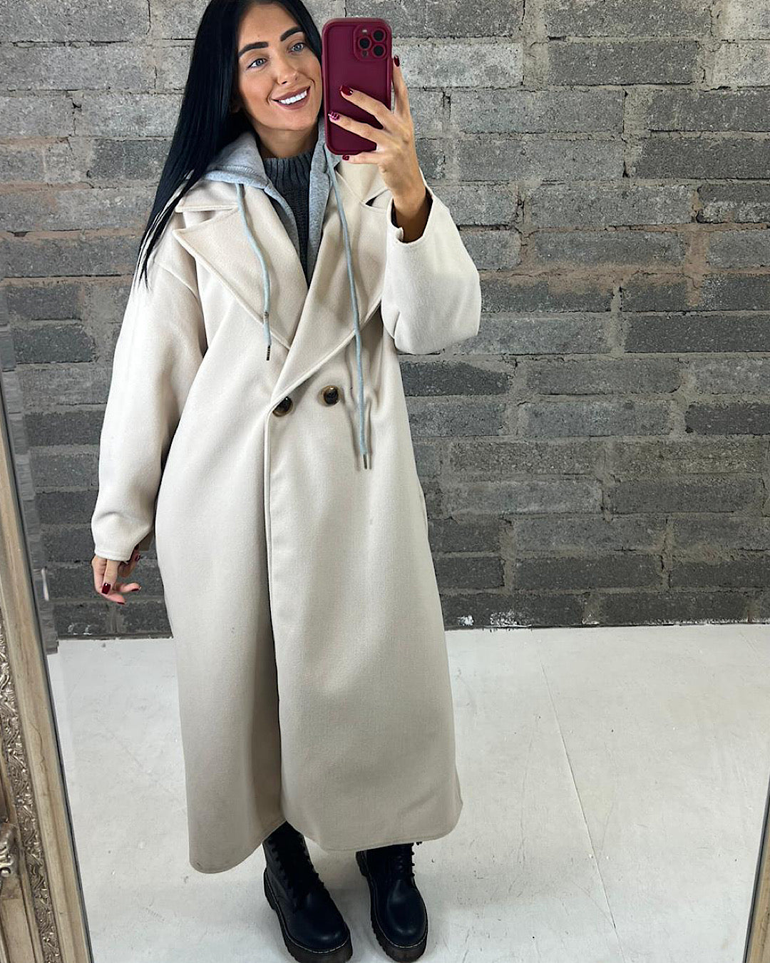Beige Hooded Wool Coat