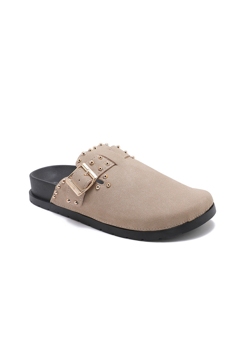 Beige Studded Faux Suede Clogs