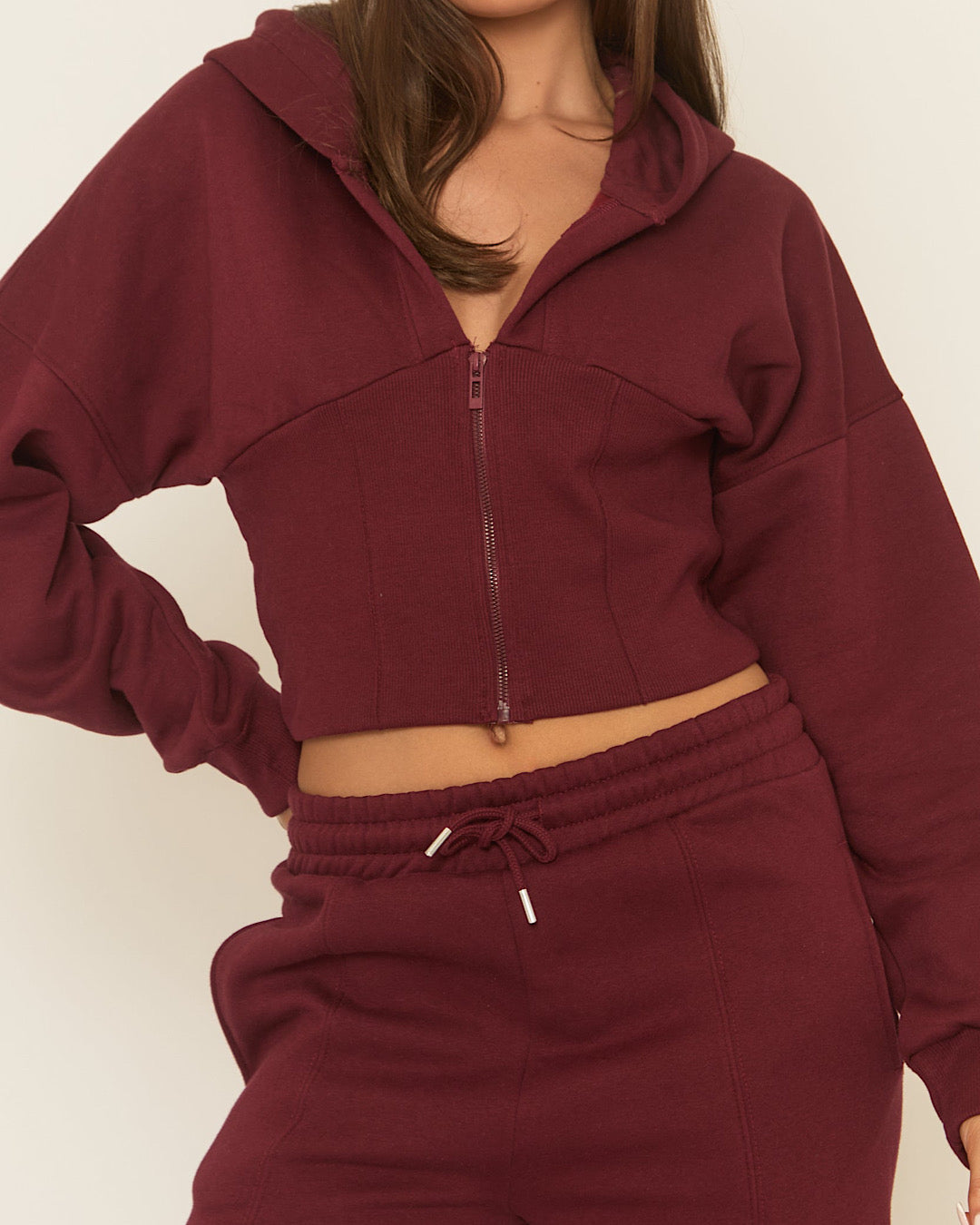 Burgundy Cinch Waist Hoody and Joggers Suit