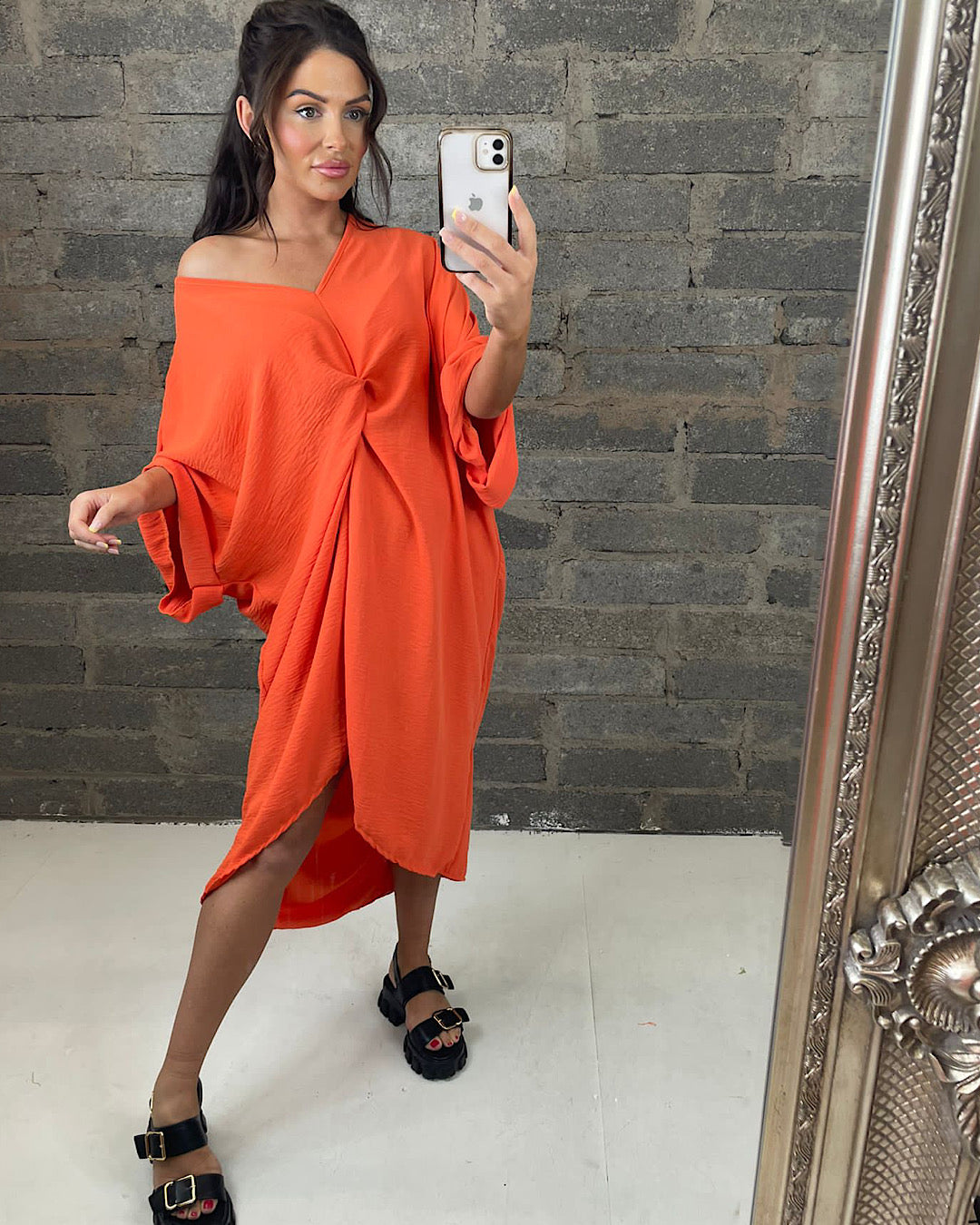 Orange Oversized V Neck Knot Dress