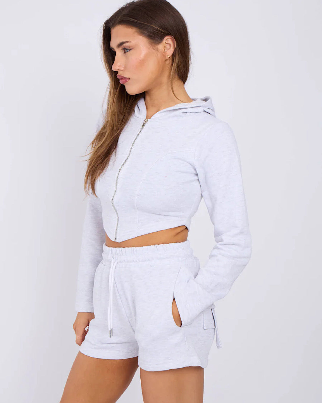 Grey Cropped Hooded Jacket & Shorts Set