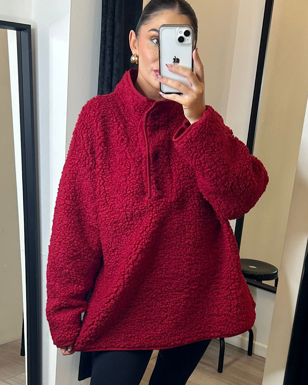Red High-Neck Teddy Fleece Top