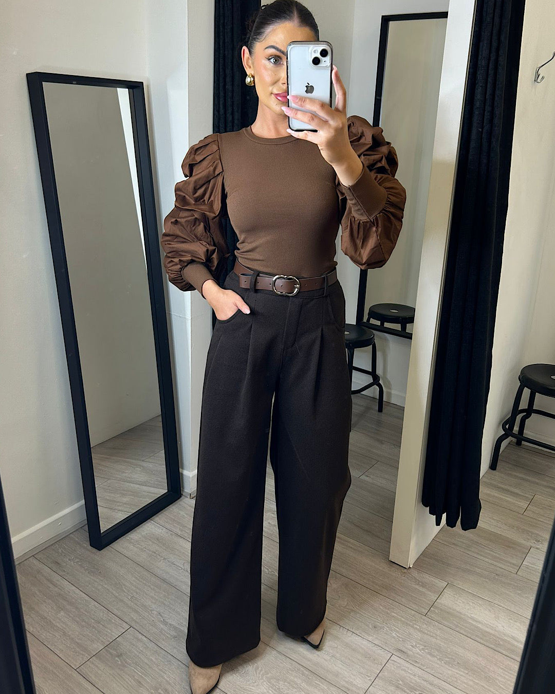 Brown Puff Sleeve Top