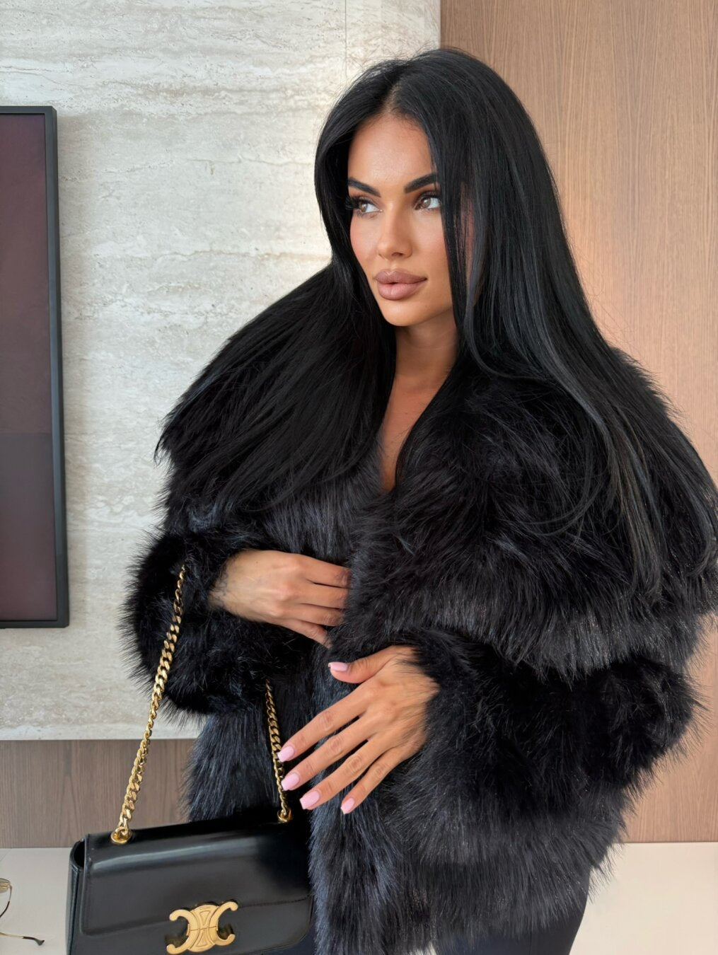 Black Faux Fur Coat with Oversized Collar