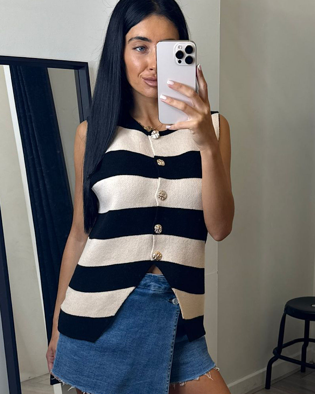 Black and Beige Knit Vest Top