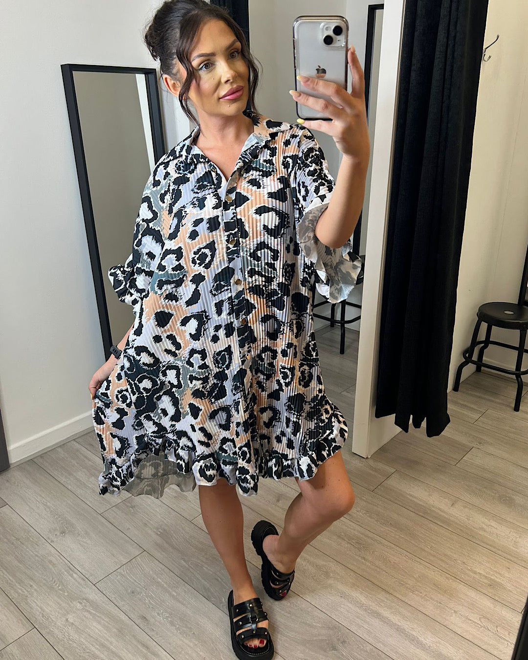 Animal Print Frill Hem Shirt Dress