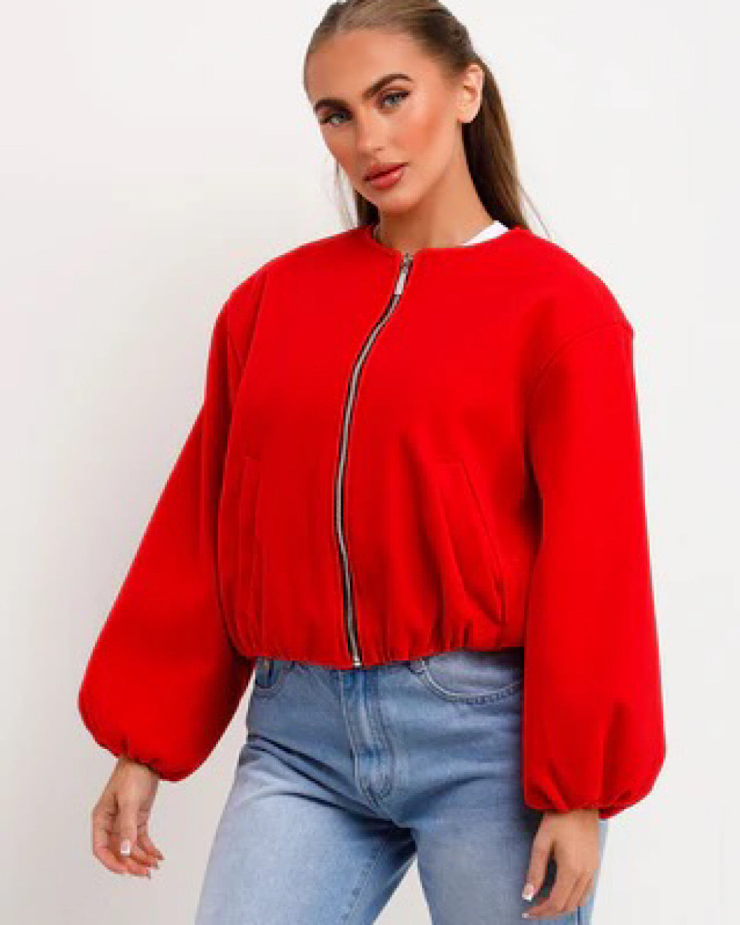 Red Balloon Sleeve Ruched Bomber Jacket