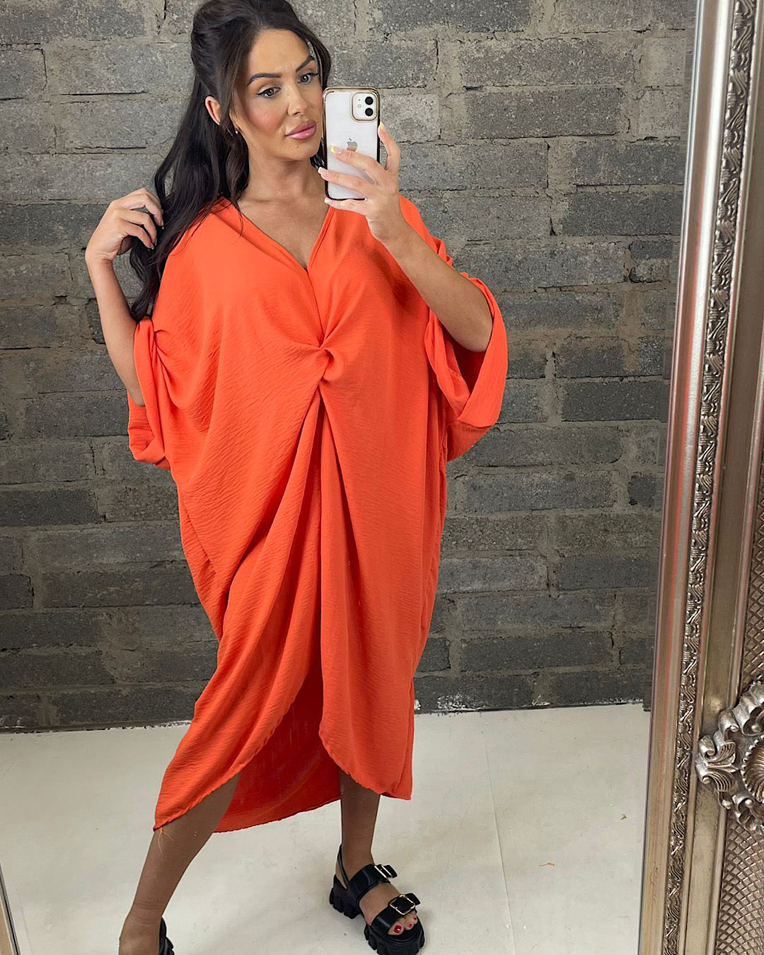 Orange Oversized V Neck Knot Dress