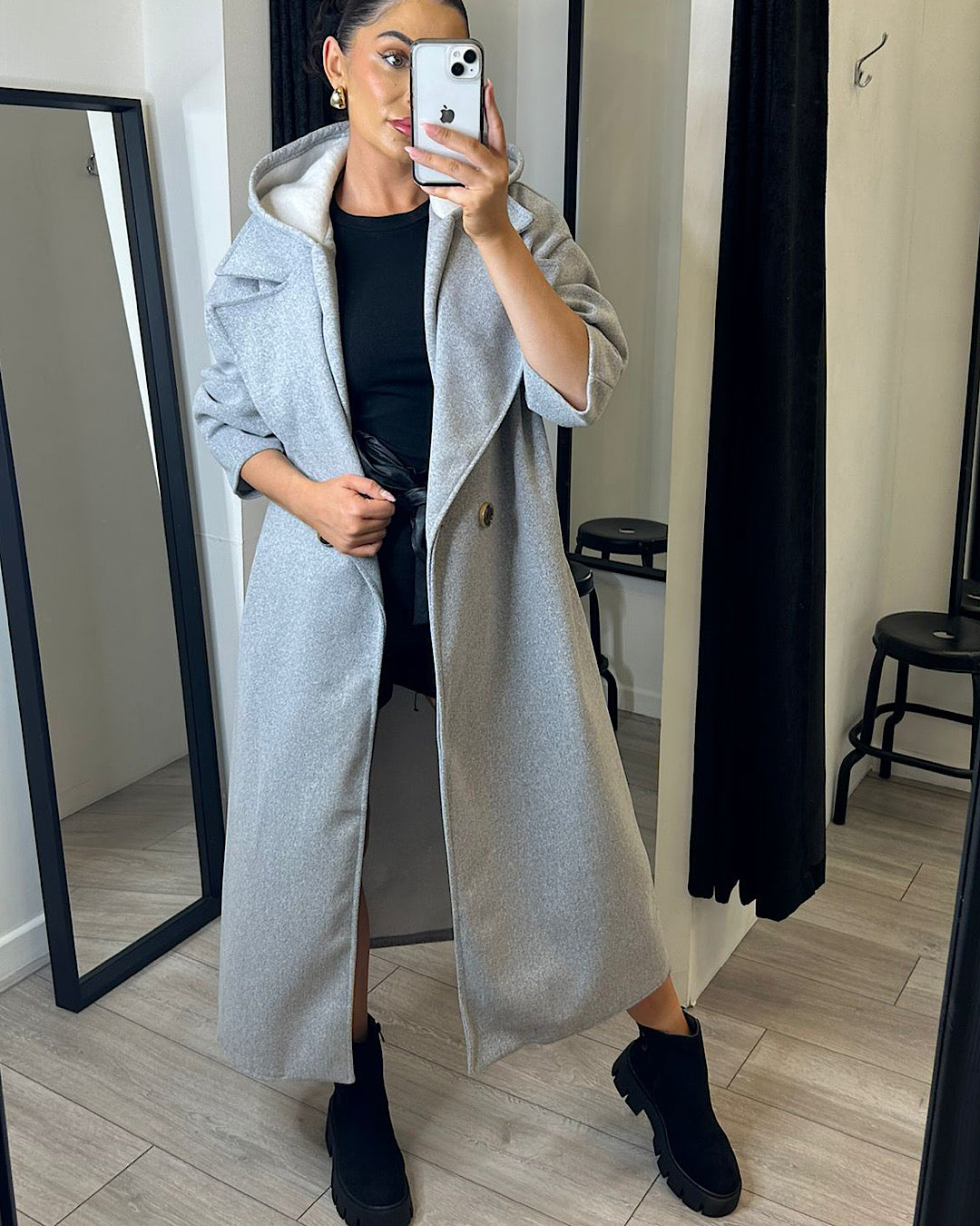 Grey Hooded Wool Coat