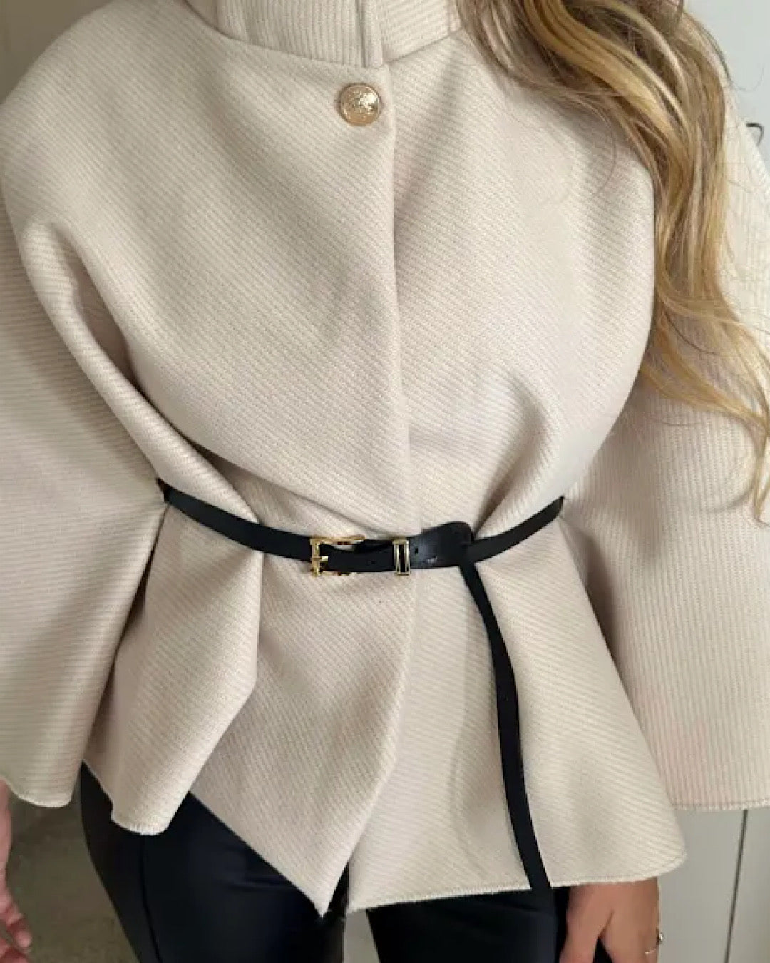 Beige Belted Cape Poncho