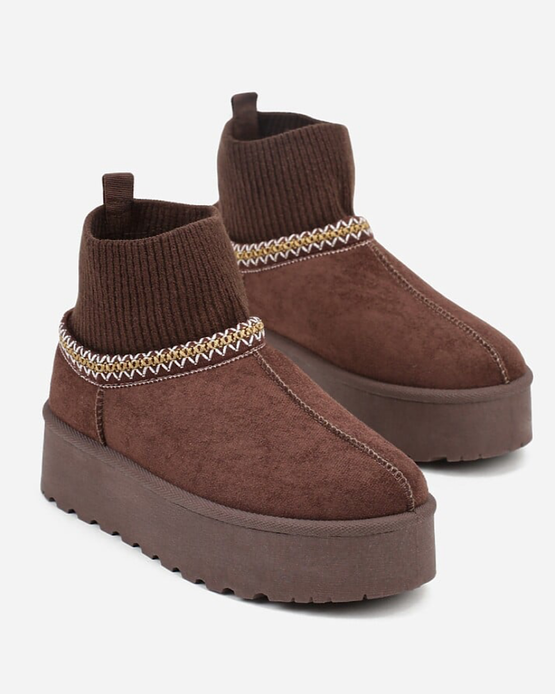 Chocolate Faux Suede Boots with Ribbed Ankle