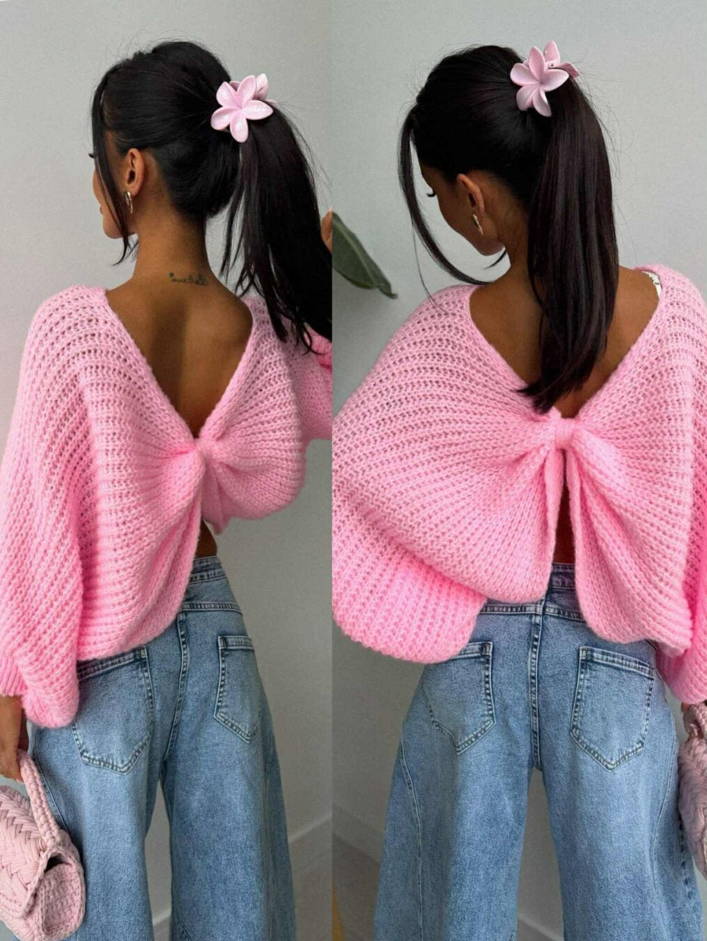 Pink Batwing Knot Back Knit