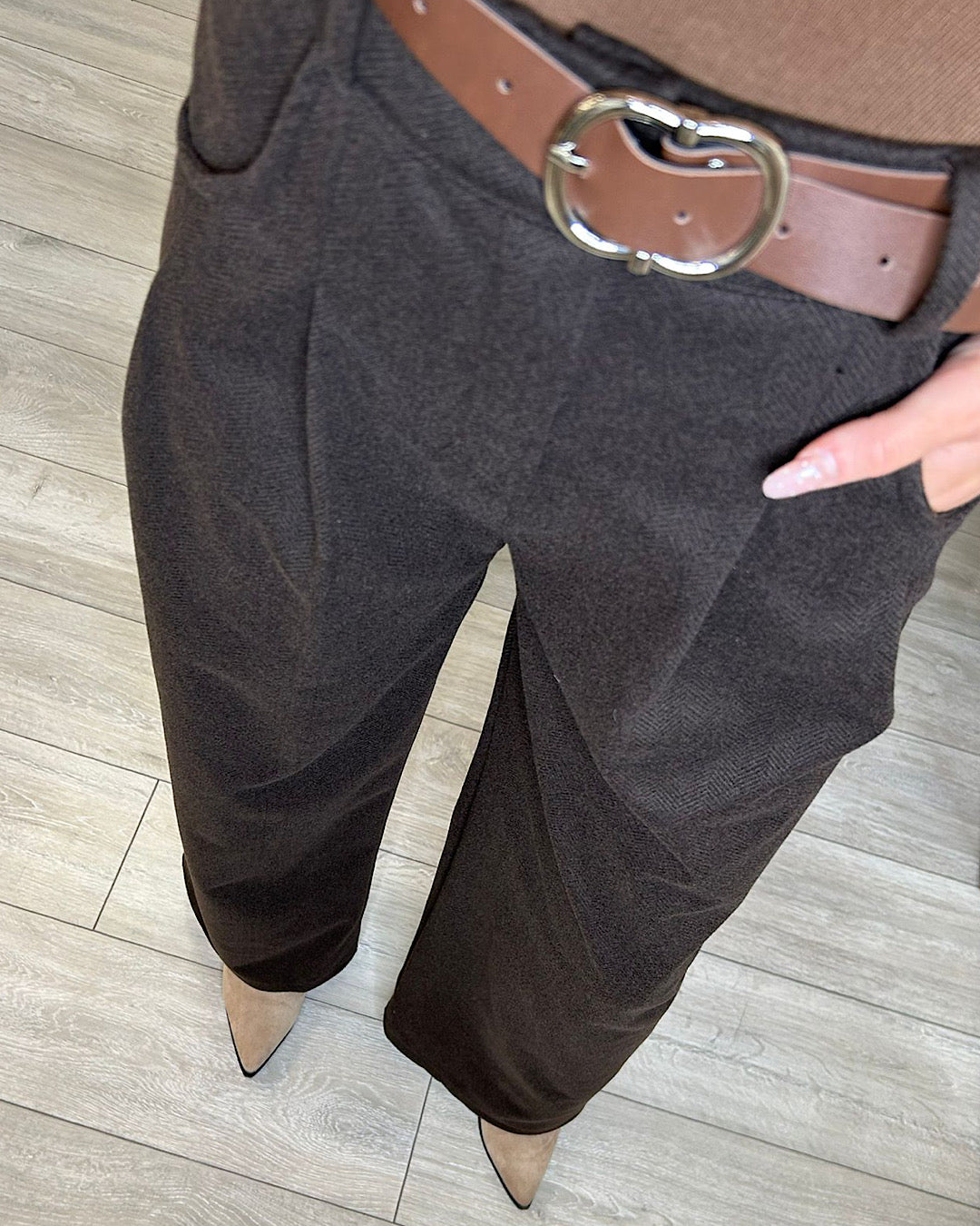 Brown Belted Wide Leg Trousers