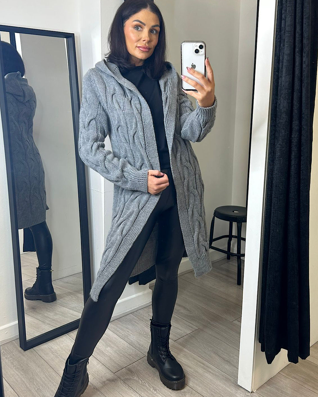 Dark Grey Cable Knit Hood Cardigan