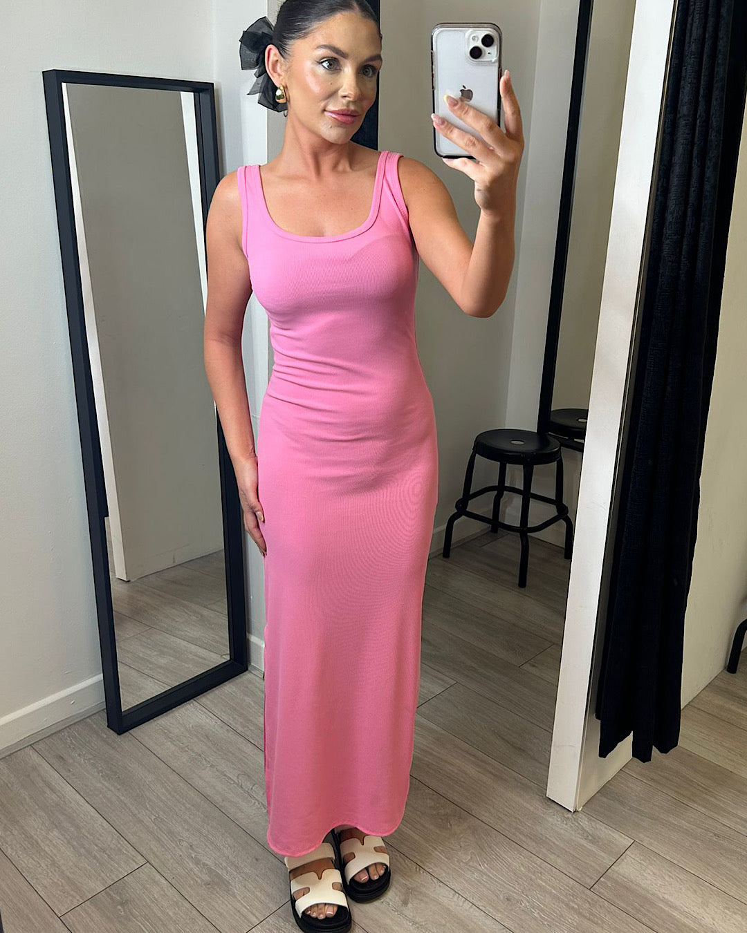 Pink Ribbed Square Neck Maxi Dress