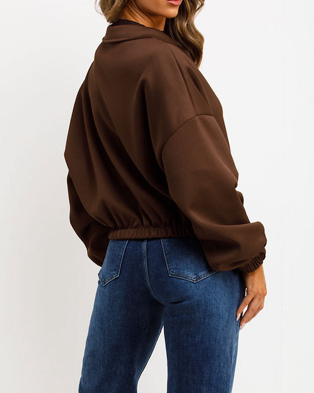 Chocolate Ruched Bomber Jacket with Zip
