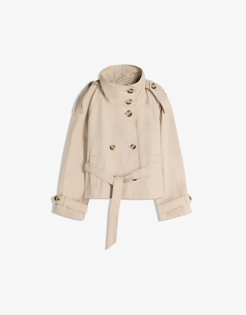Beige Belted Funnel Neck Coat