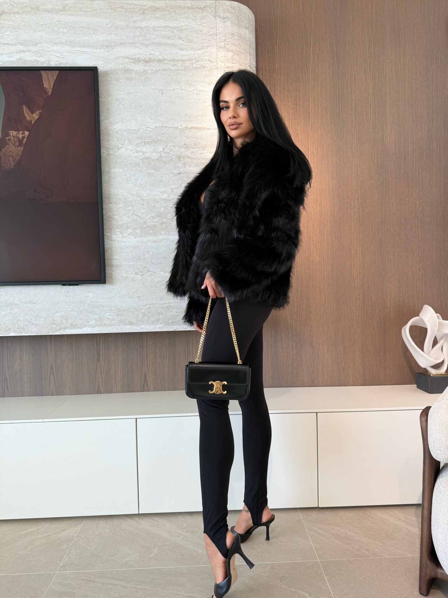Black Faux Fur Coat with Oversized Collar