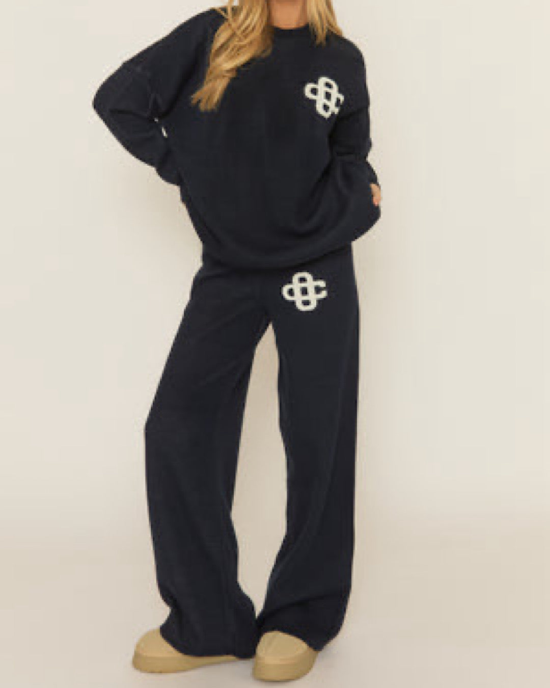Navy Contrast Motif Knit Suit