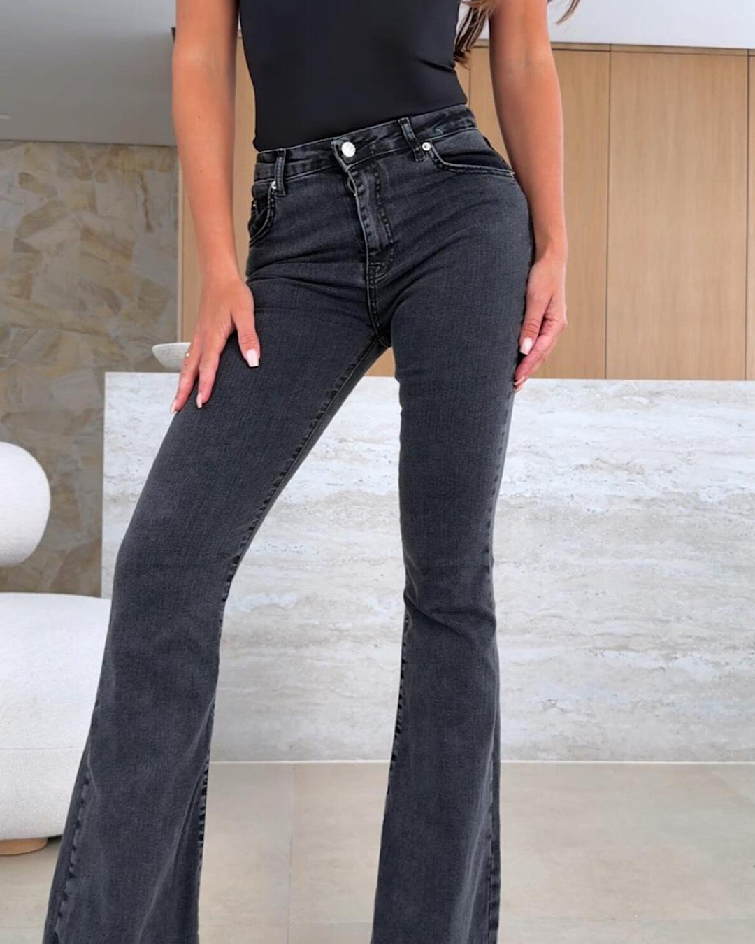 Stretch Flared Black Washed Jeans