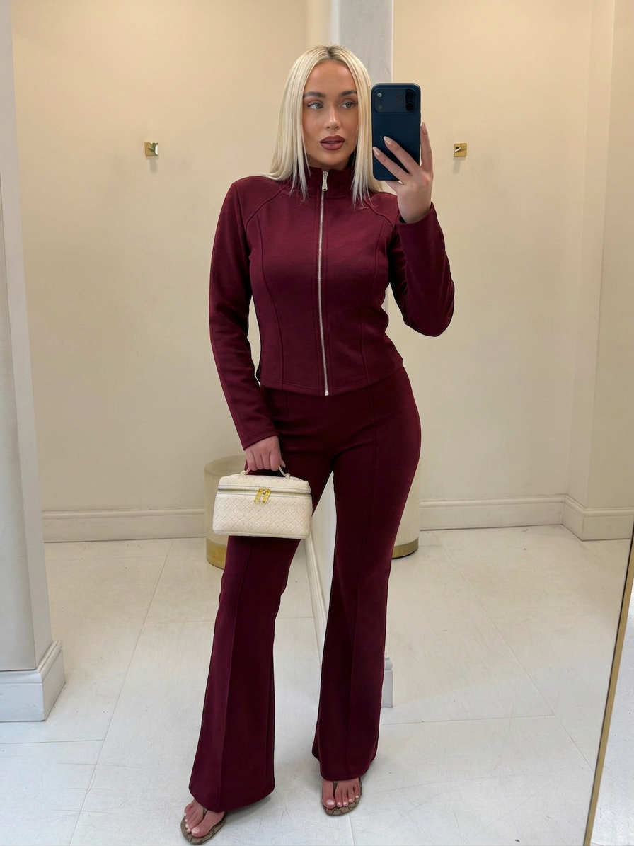 Wine Panelled Zip Jacket & Trousers Set