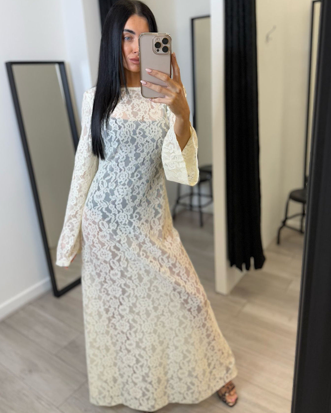 Cream Backless Lace Maxi Dress