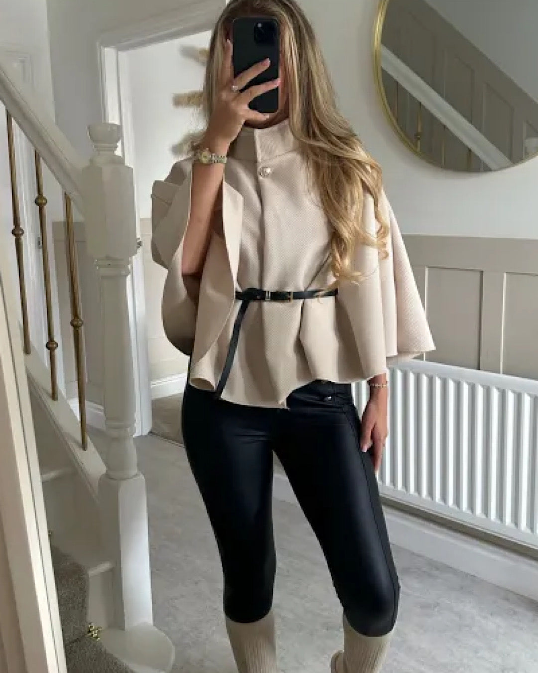Beige Belted Cape Poncho