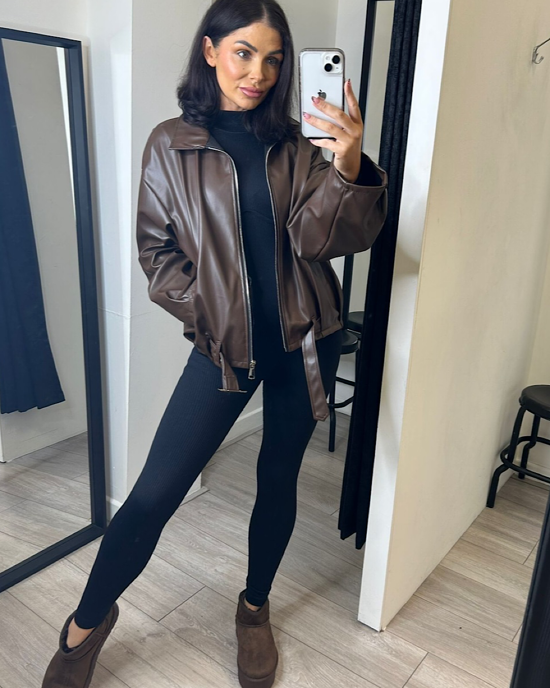 Chocolate Belted Faux Leather Jacket