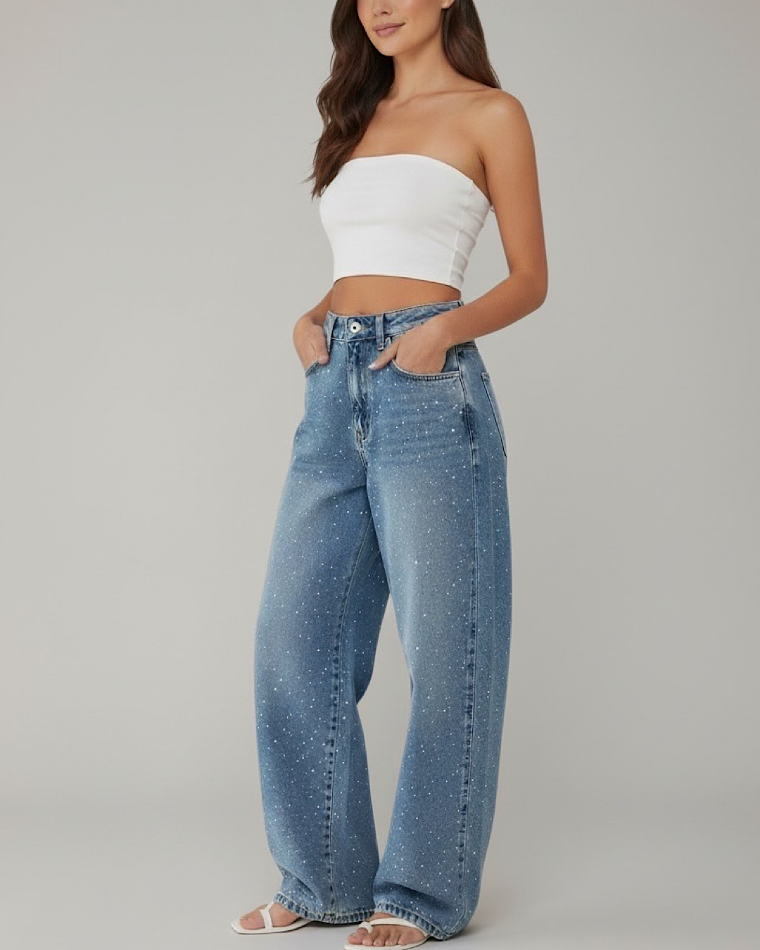 Barrel Leg Diamond Embellished Jeans
