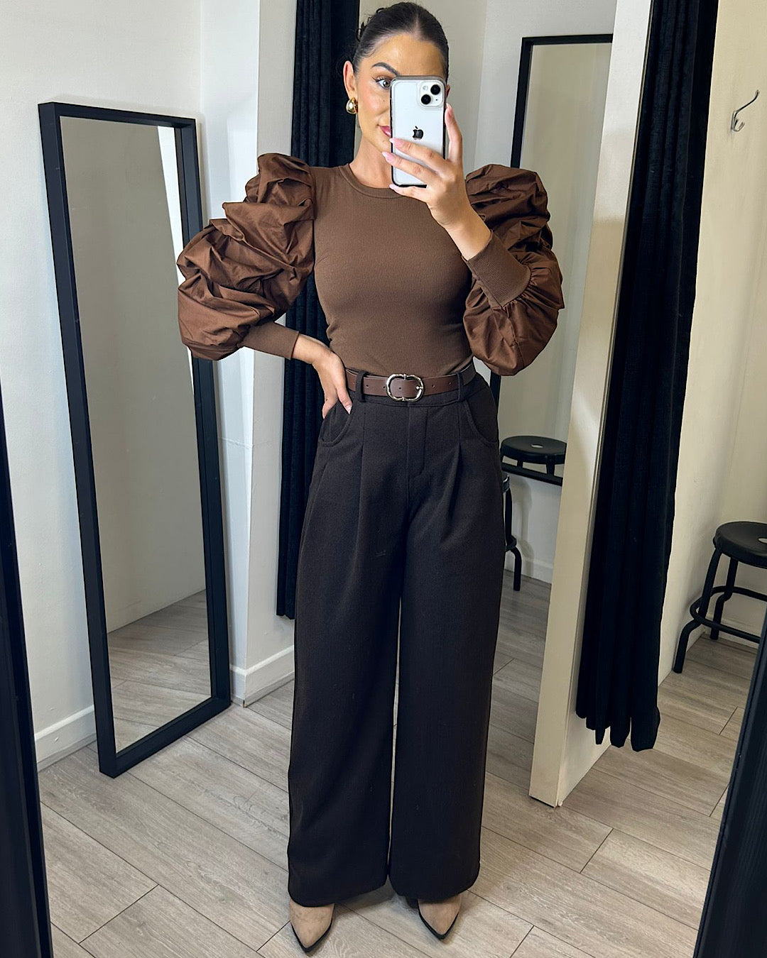 Brown Puff Sleeve Top