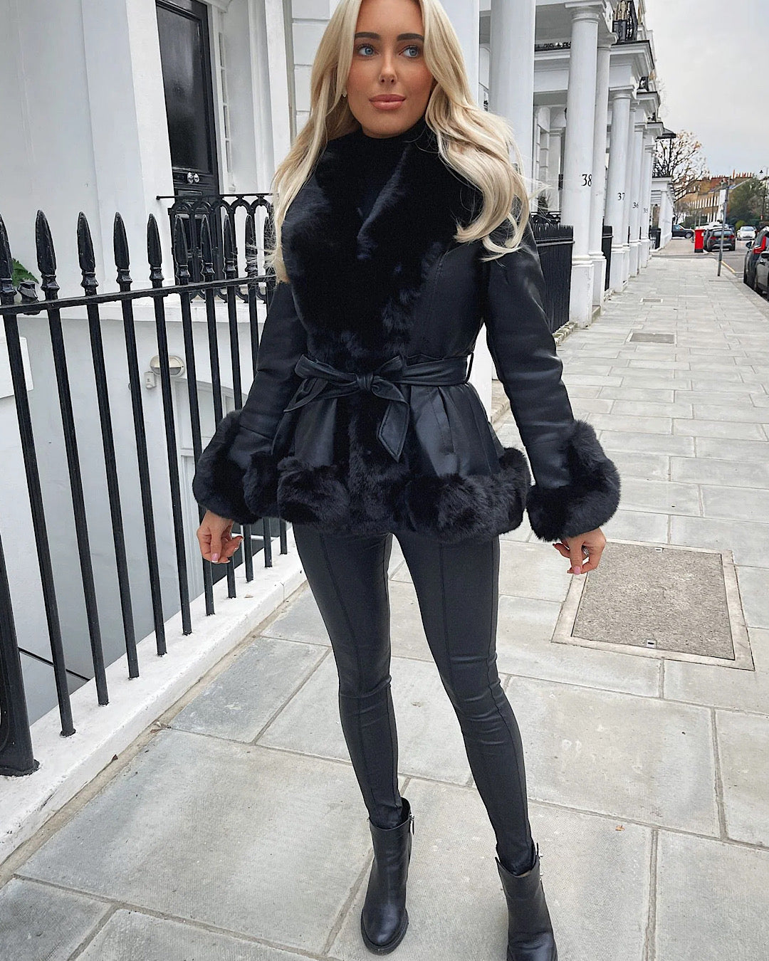 Black Belted Faux Leather/Fur Jacket