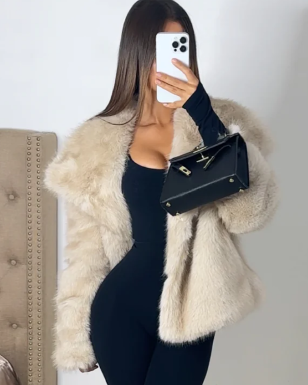 Beige Faux Fur Coat with Oversized Collar