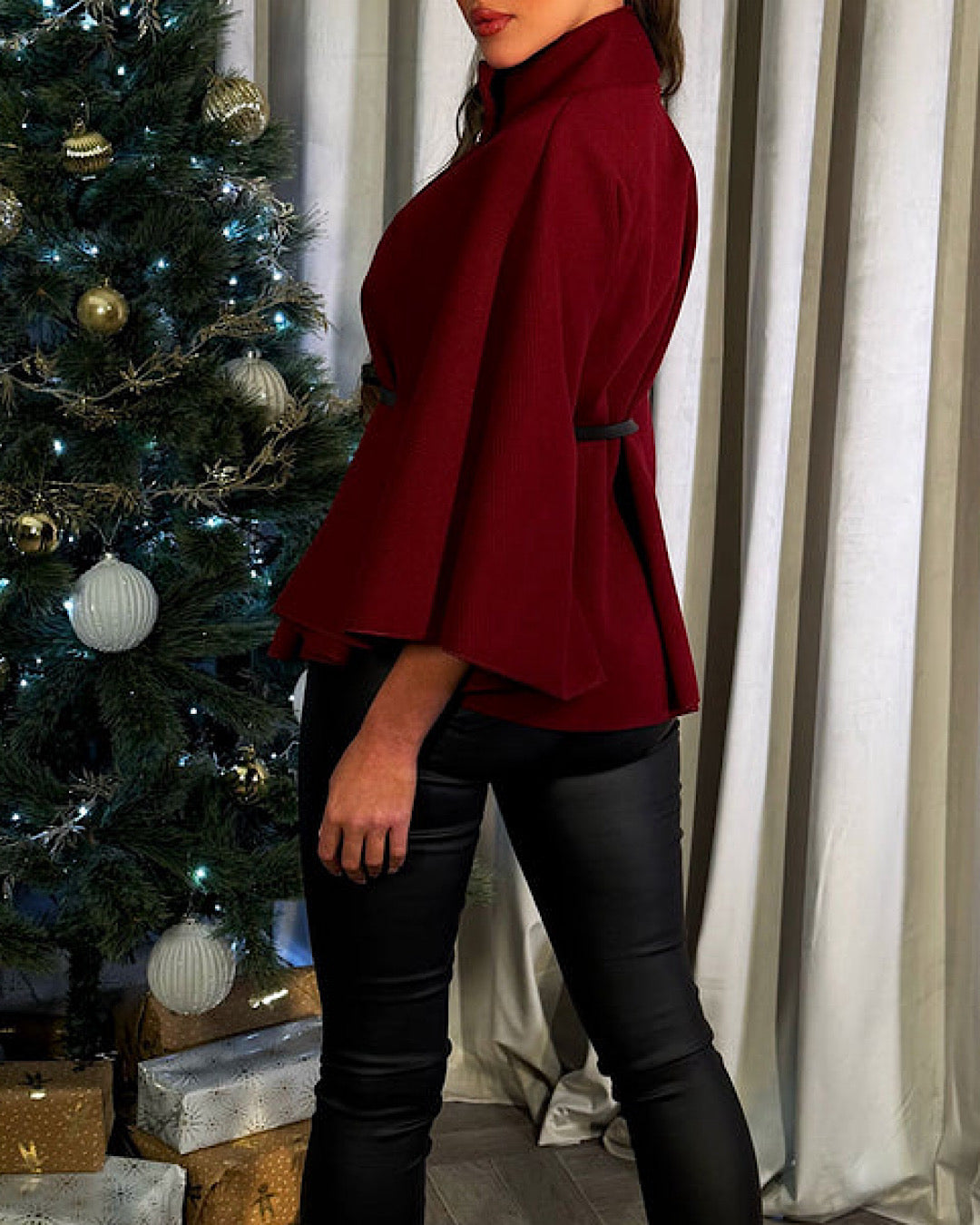 Wine Belted Cape Poncho