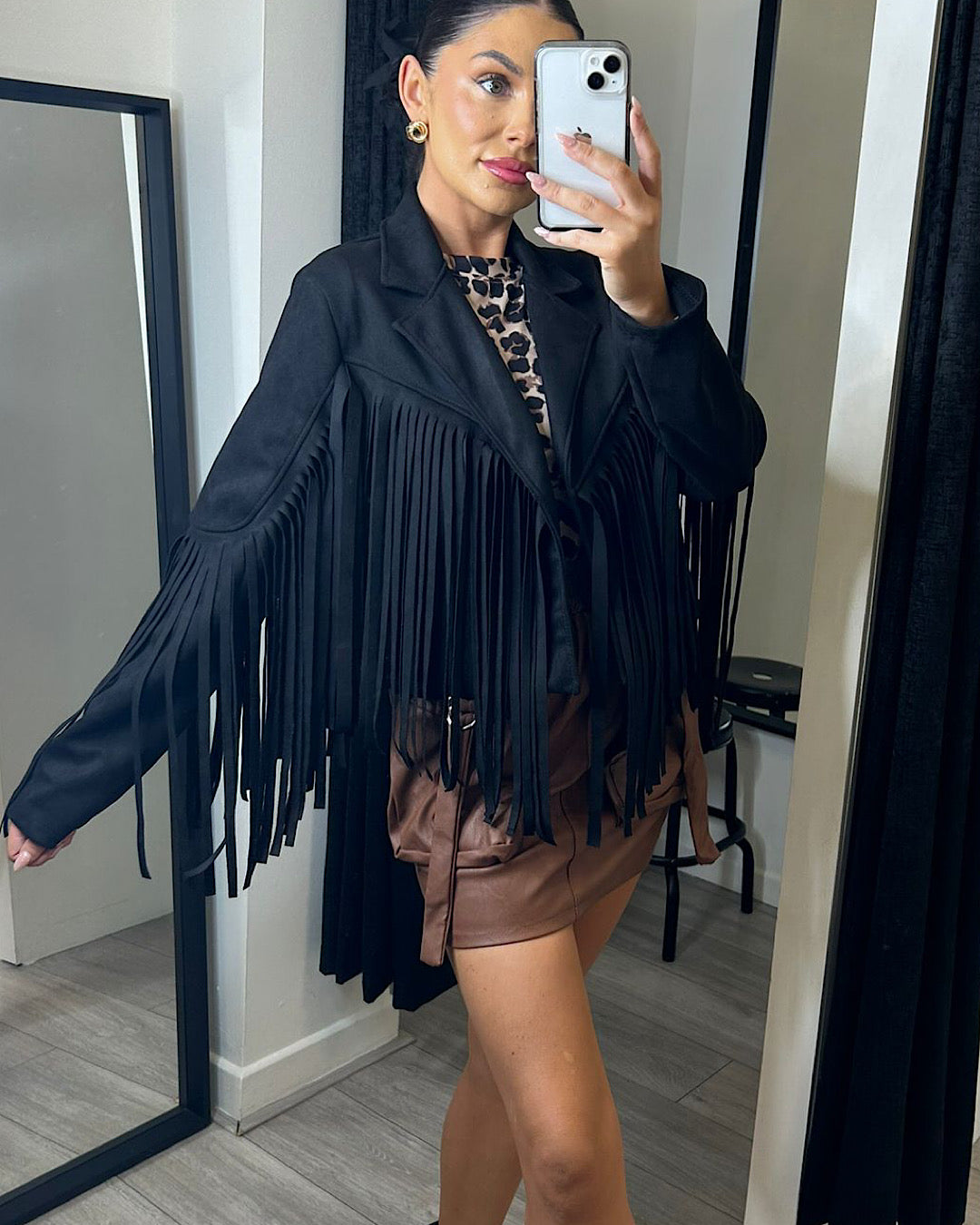Black Faux Suede Fringe Jacket