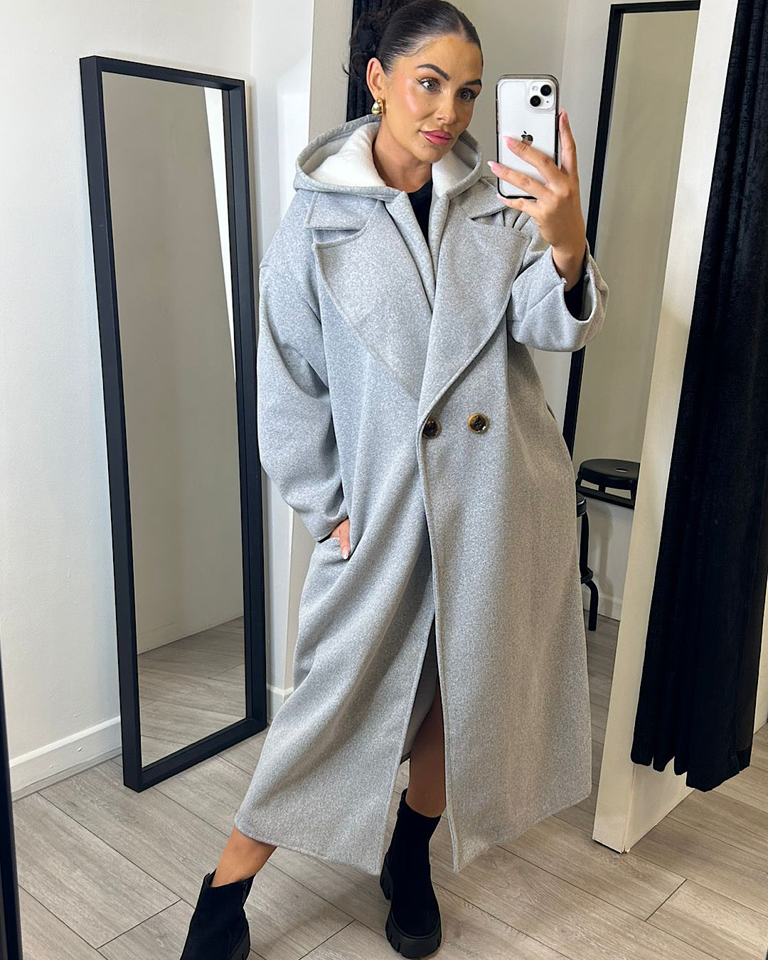 Grey Hooded Wool Coat