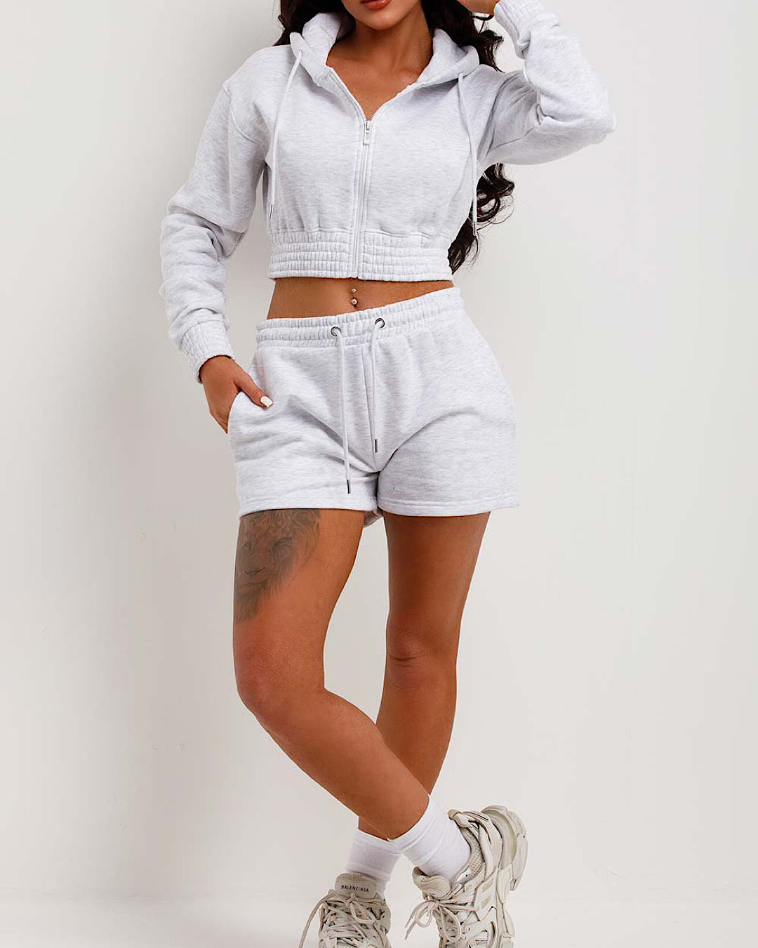 Grey Cropped Zip Hoody and Shorts Suit