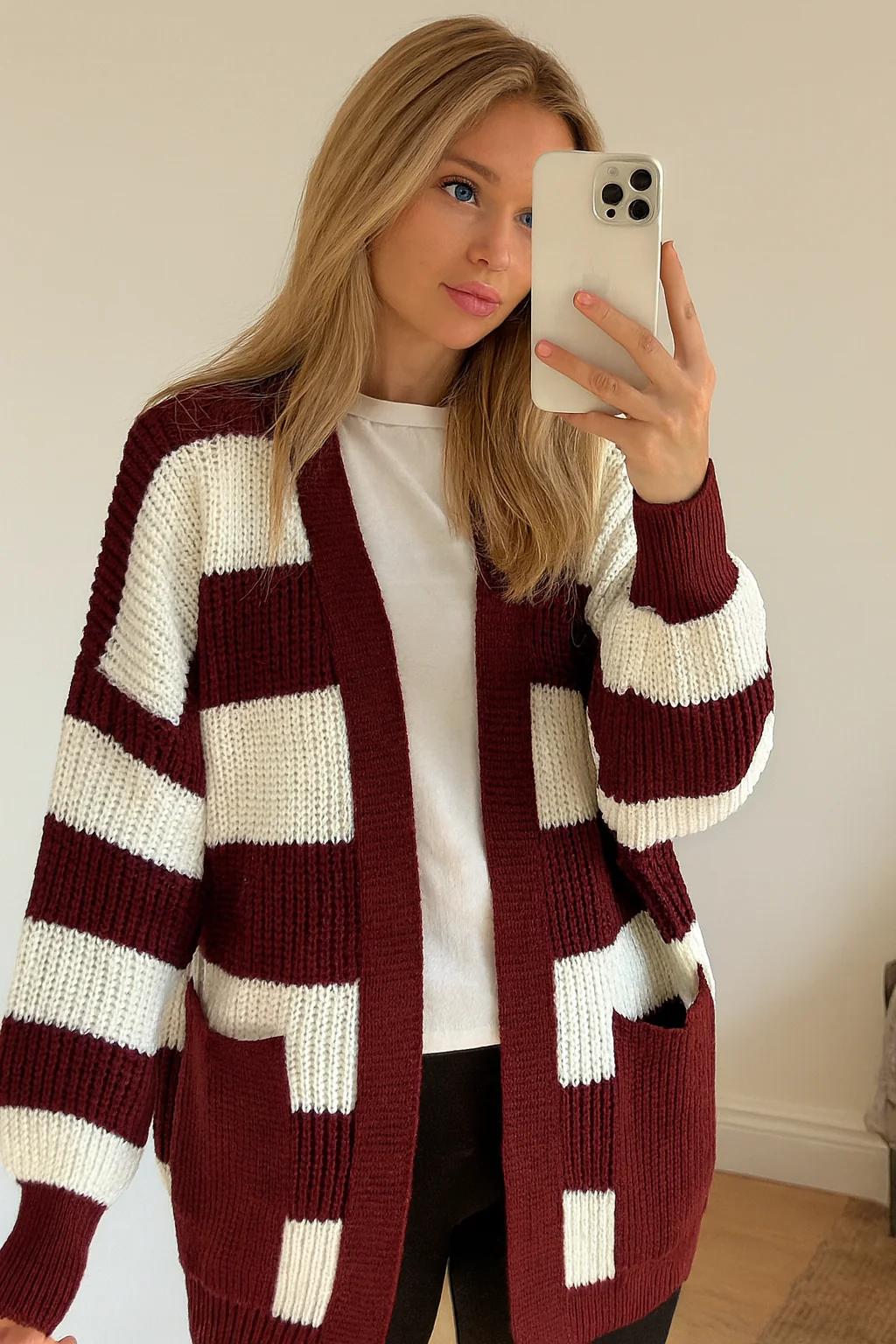 Burgundy and Cream Stripe Cardigan