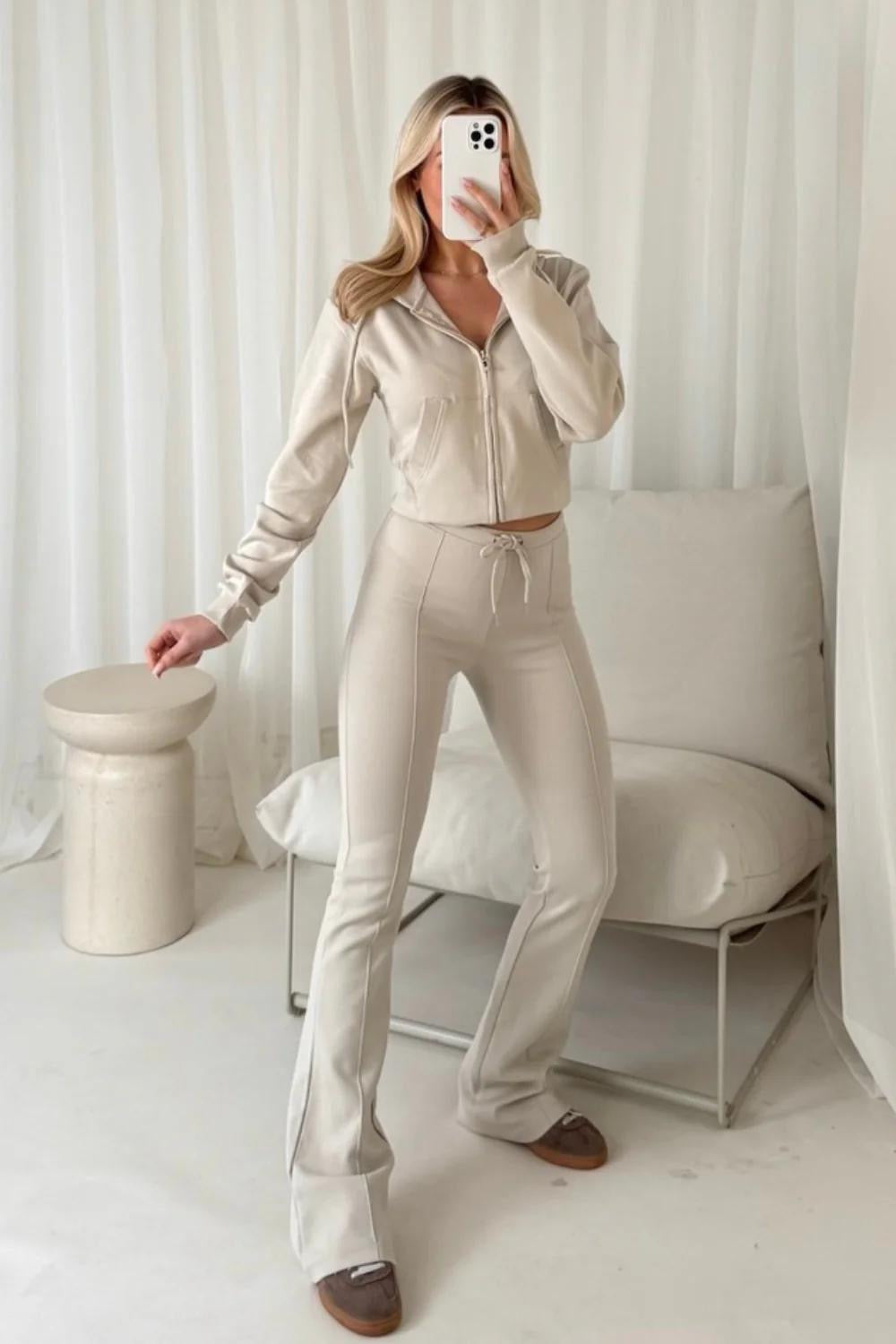 Beige Hooded Flare Loungewear Set