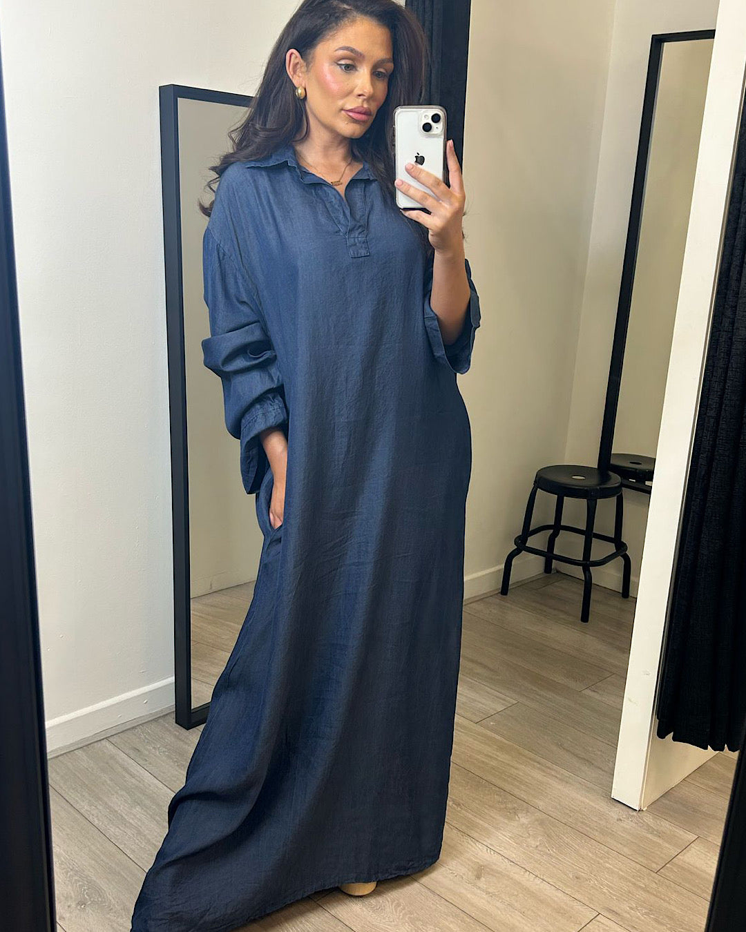 Collared Denim Oversized Maxi Dress