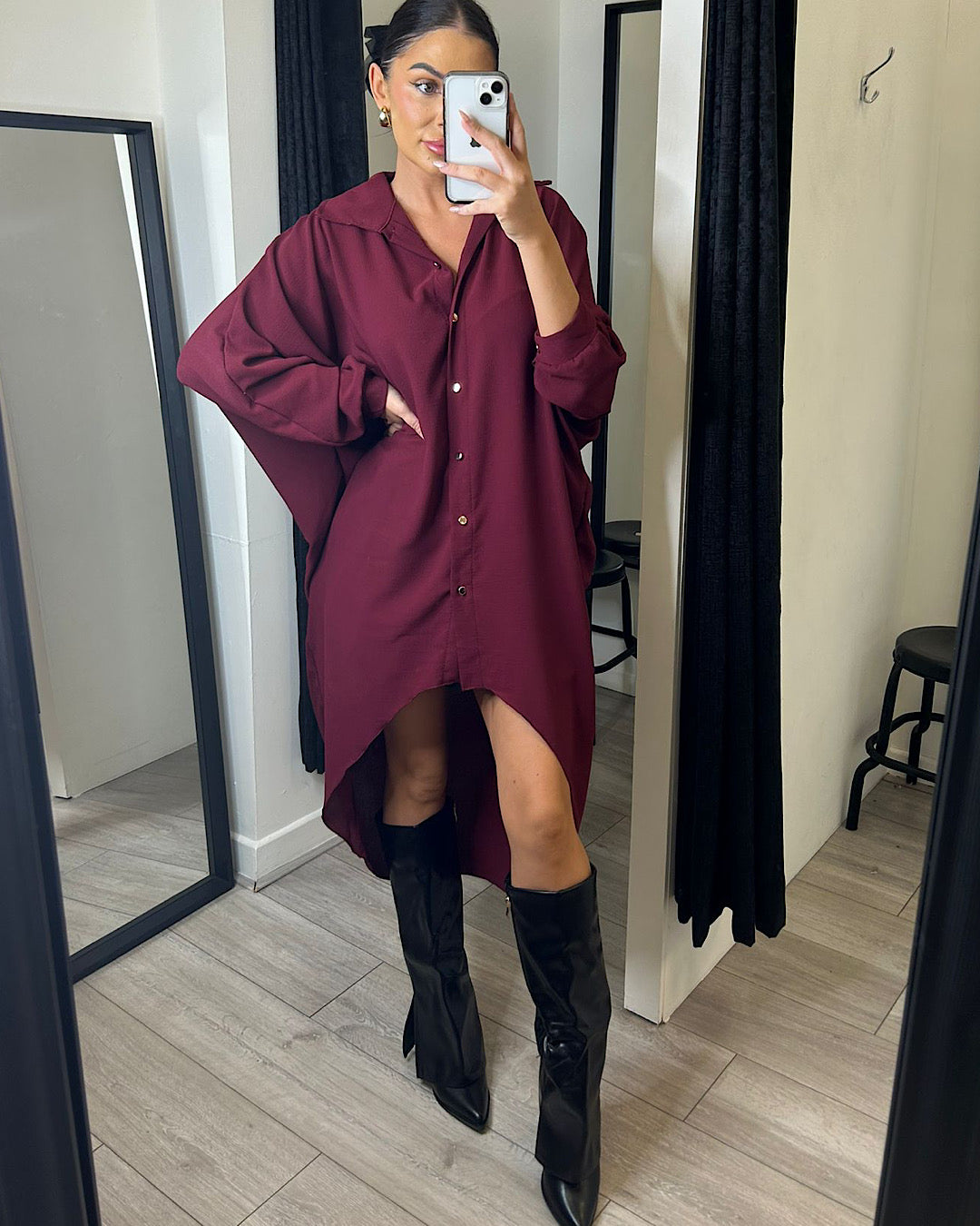 Batwing Oversized Burgundy Shirt Dress