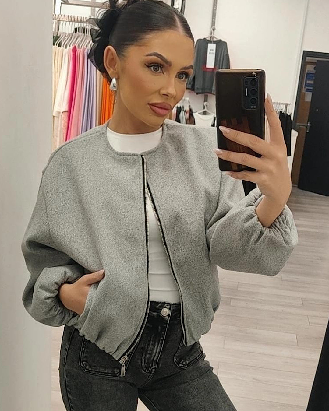 Grey Balloon Sleeve Ruched Bomber Jacket