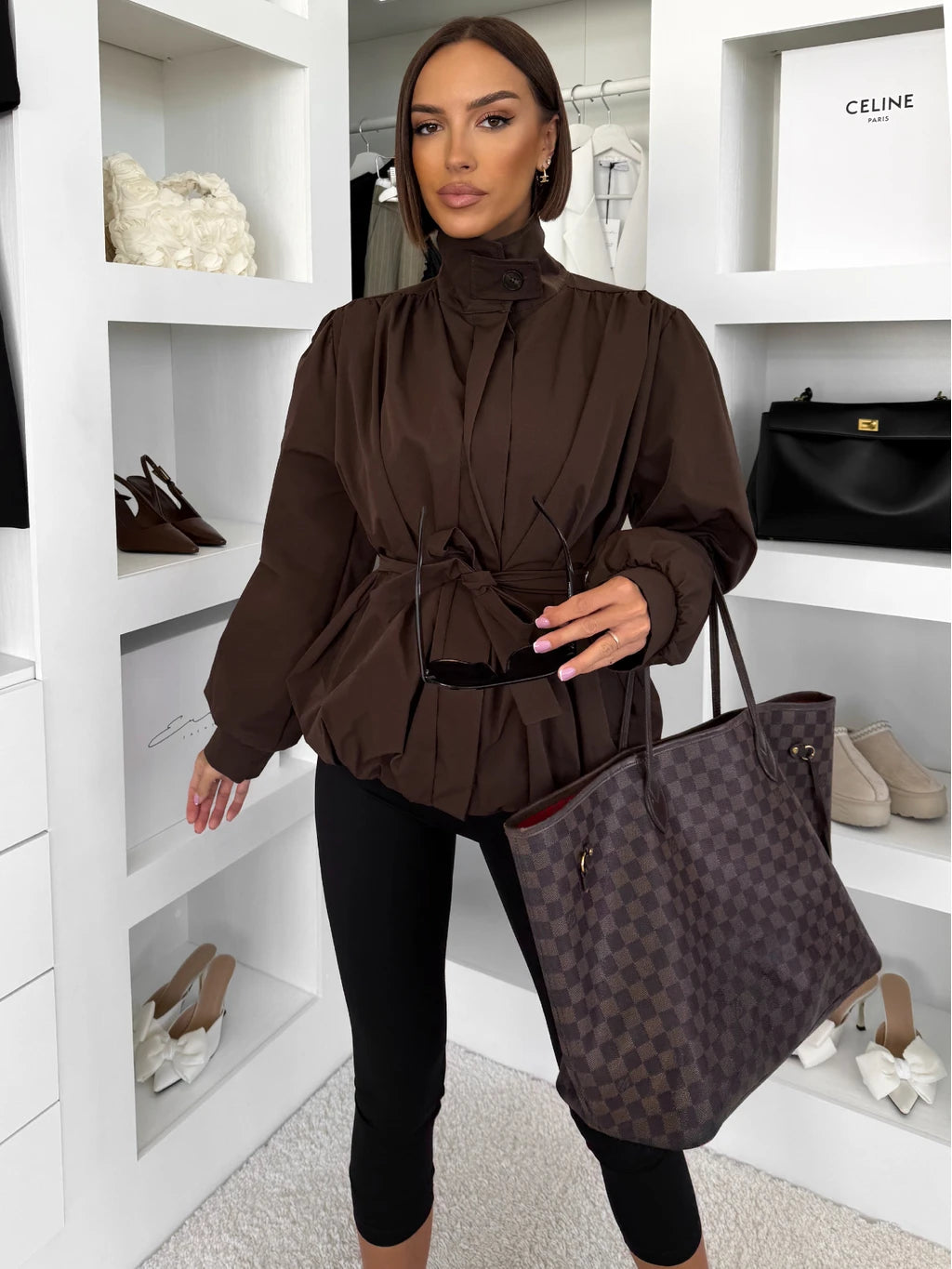 Brown Puff Hem Funnel Neck Coat