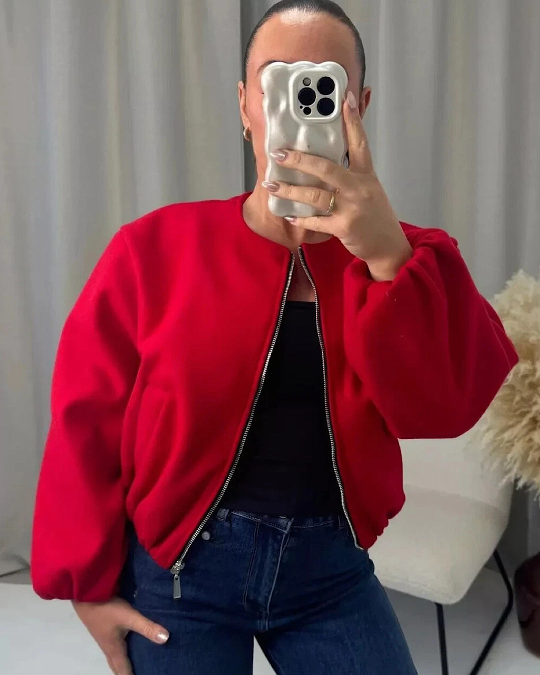 Red Balloon Sleeve Ruched Bomber Jacket