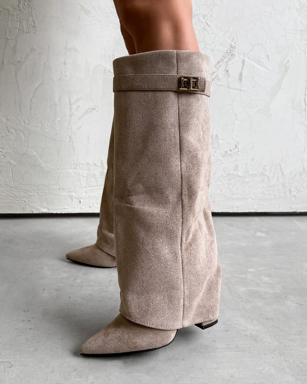 Beige Faux Suede Buckle Knee Boots