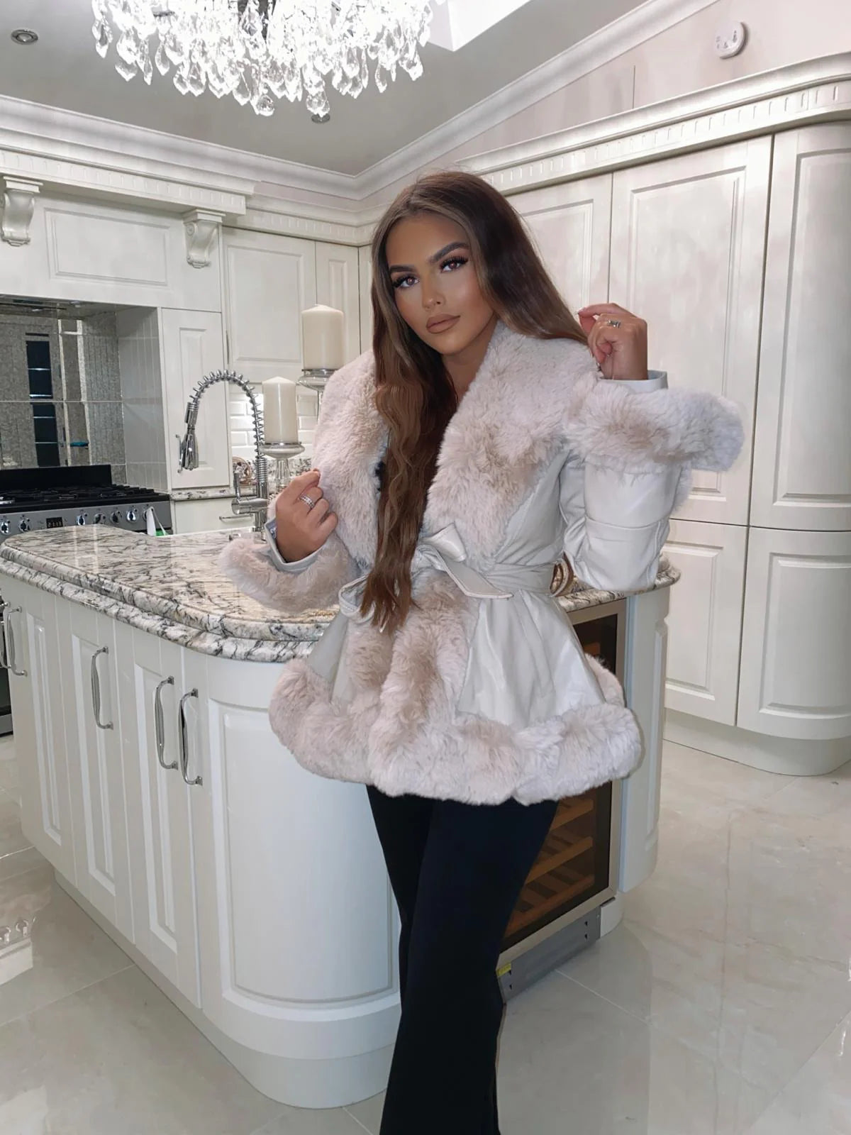 Beige Belted Faux Leather/Fur Jacket