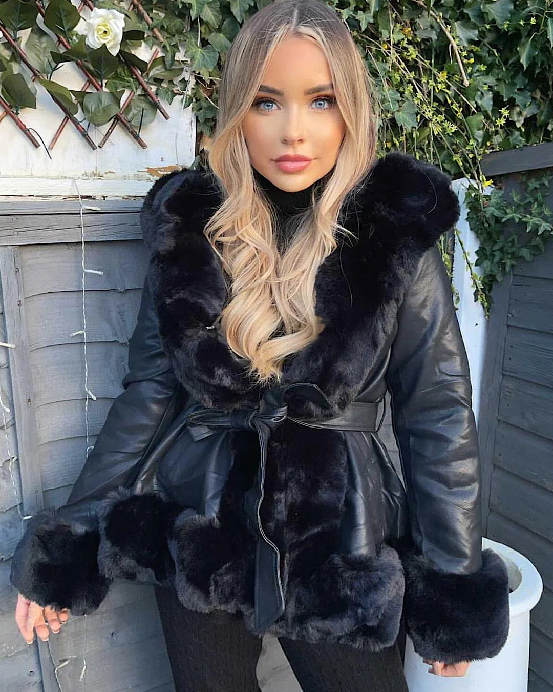 Black Belted Faux Leather/Fur Jacket
