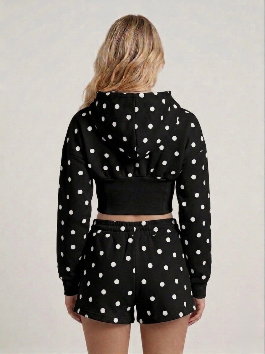 Black Polka Hooded Jacket & Shorts Set