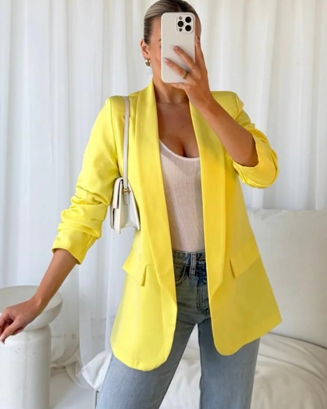 Yellow Ruched Sleeve Blazer